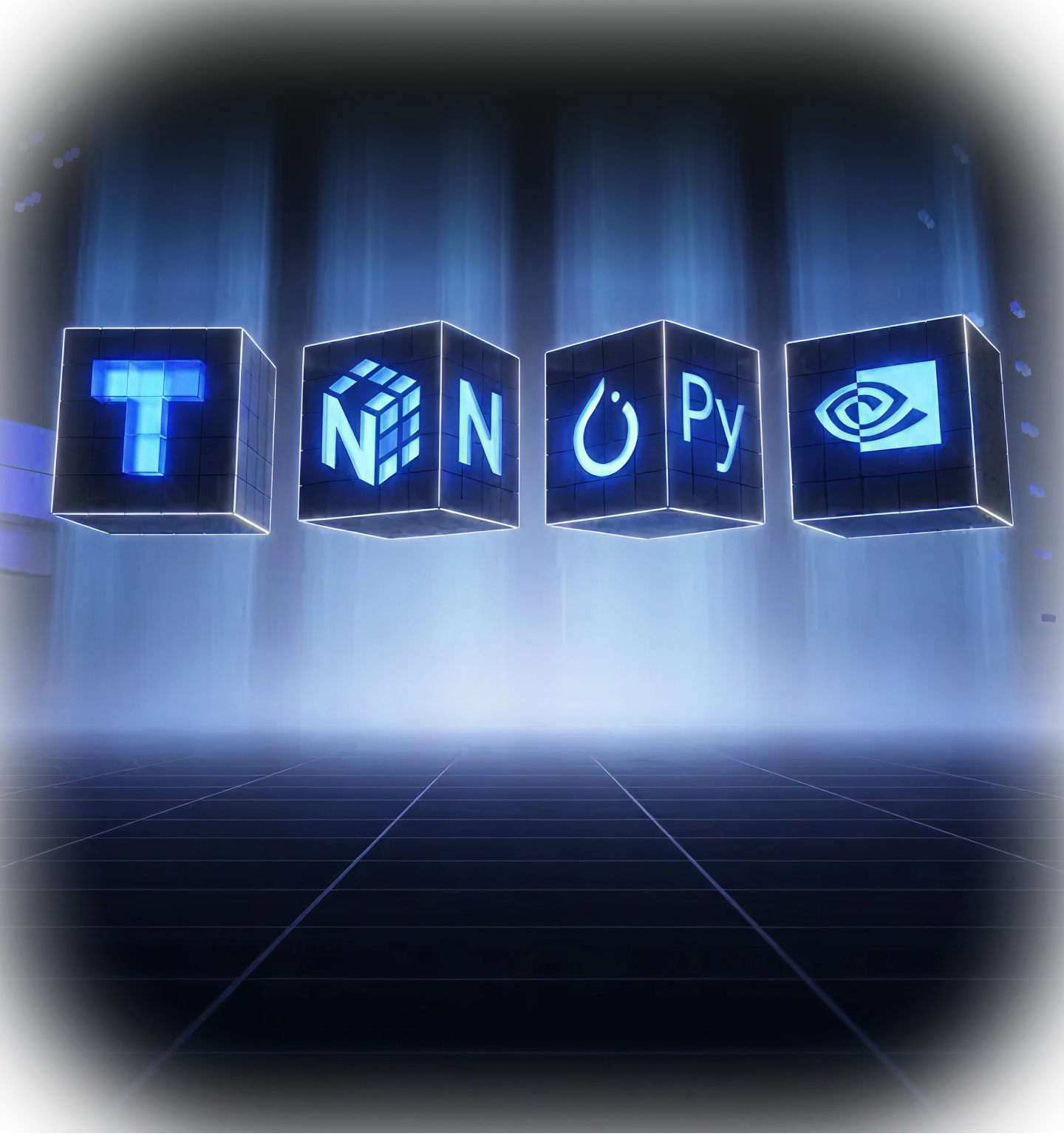 Technology stack with TensorFlow, NumPy, PyTorch, and NVIDIA logos